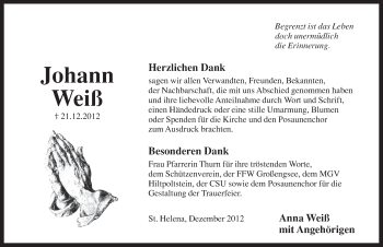Traueranzeige von Johann Weiß von Pegnitz-Zeitung